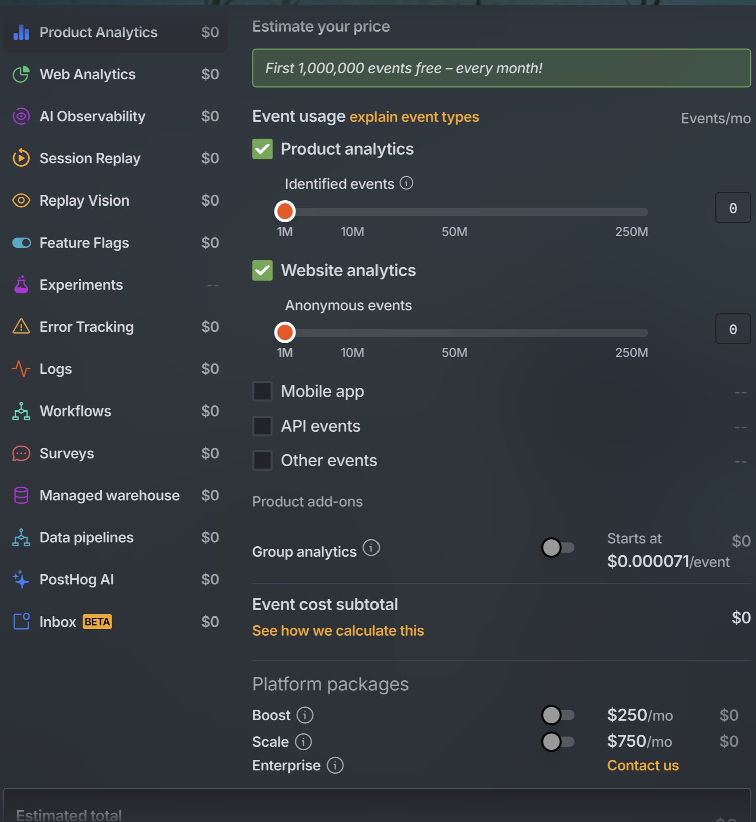 PostHog pricing calculator listing fourteen separately metered products, from product analytics and session replay through to logs, workflows and data pipelines, each with its own price, under a banner reading that the first 1,000,000 events are free every month.